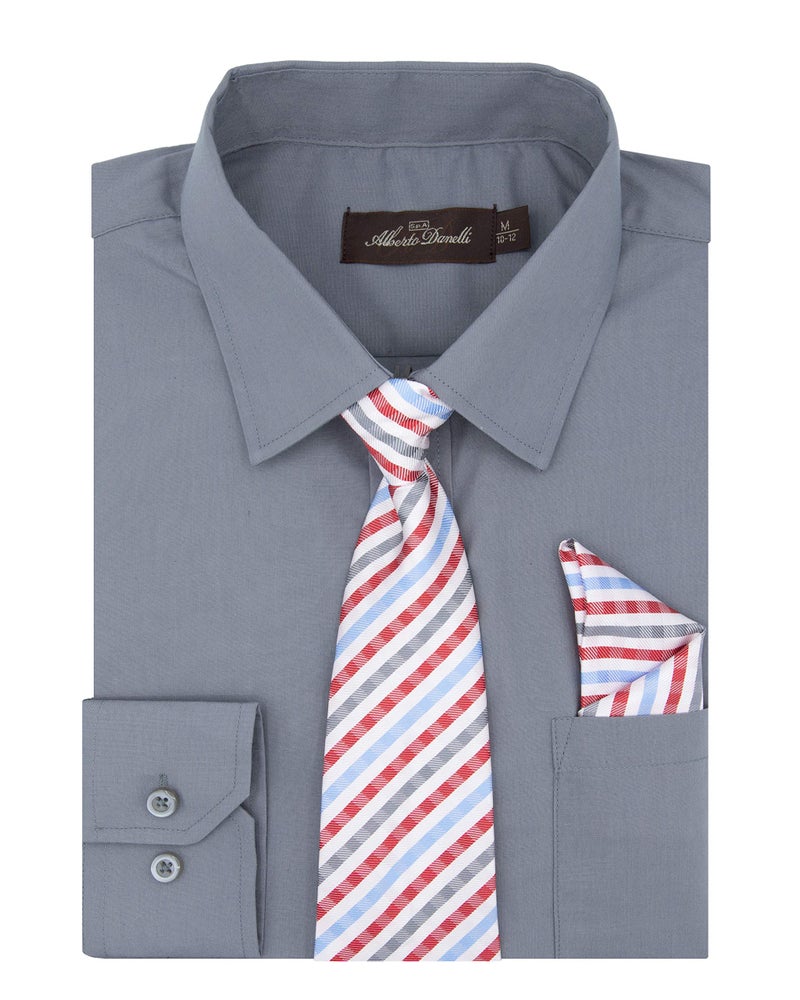 Alberto Danelli's Boys Long Sleeve Dress Shirt with Matching Tie and Handkerchief, 14/16, Ash - Image 1